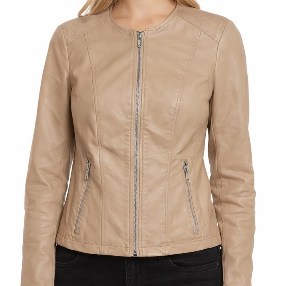 Kenneth Cole Reaction Tan Faux Leather Moto Jacket Women’s Small Biker
